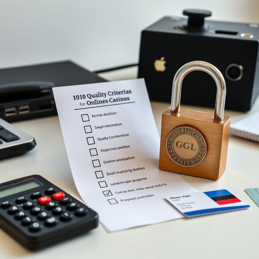 Checkliste mit 10 Qualitätskriterien für Online-Casinos, GGL-Siegel und Vorhängeschloss auf Schreibtisch, Symbolbild für Casino-Prüfung
