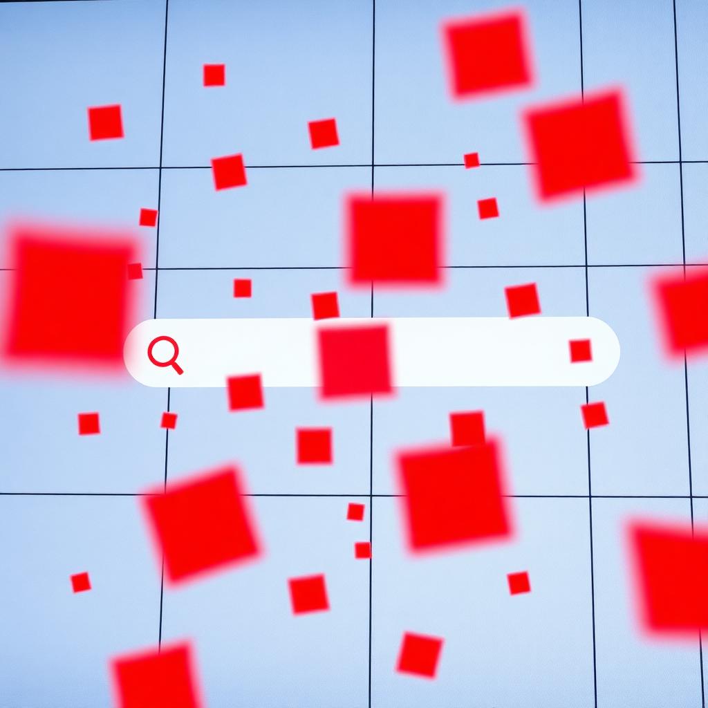 Bildschirm mit Suchleiste und schwebenden roten Sperrsymbolen – Symbolbild zum Google-Transparenzbericht 2025 über blockierte Glücksspiel-Anzeigen