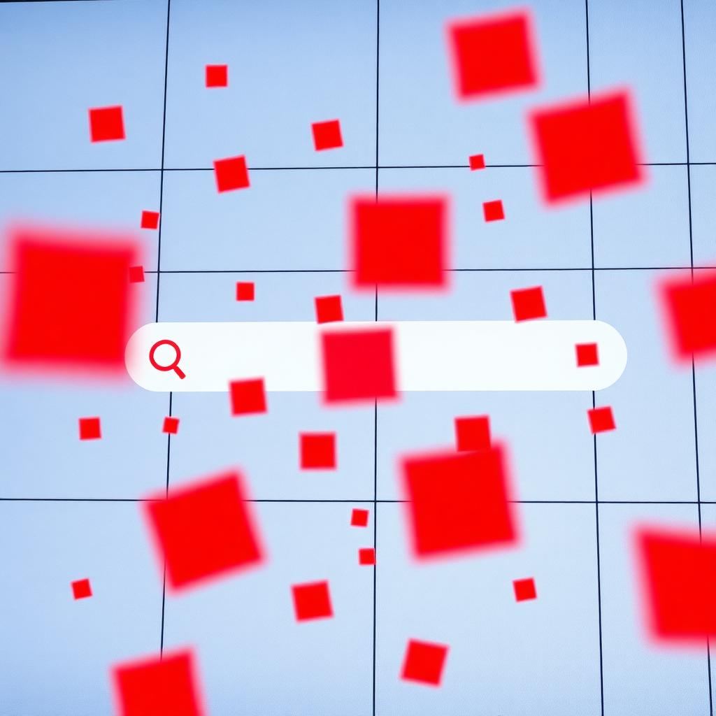 Bildschirm mit Suchleiste und schwebenden roten Sperrsymbolen, Symbolbild zum Google-Transparenzbericht 2025 über blockierte Glücksspiel-Anzeigen