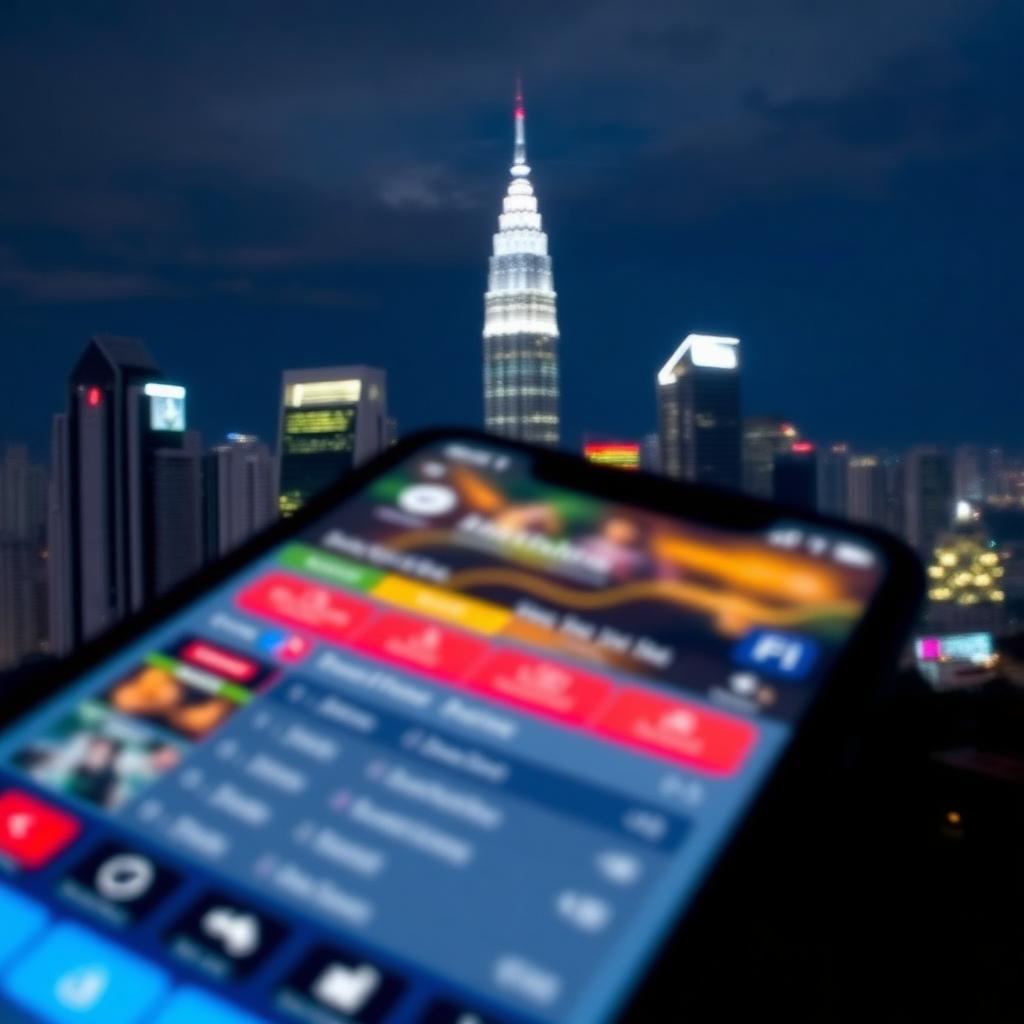 Skyline von Kuala Lumpur bei Nacht mit Smartphone im Vordergrund, das eine unscharfe Wett-App zeigt, Symbolbild Malaysia Crackdown illegale Online-Wetten