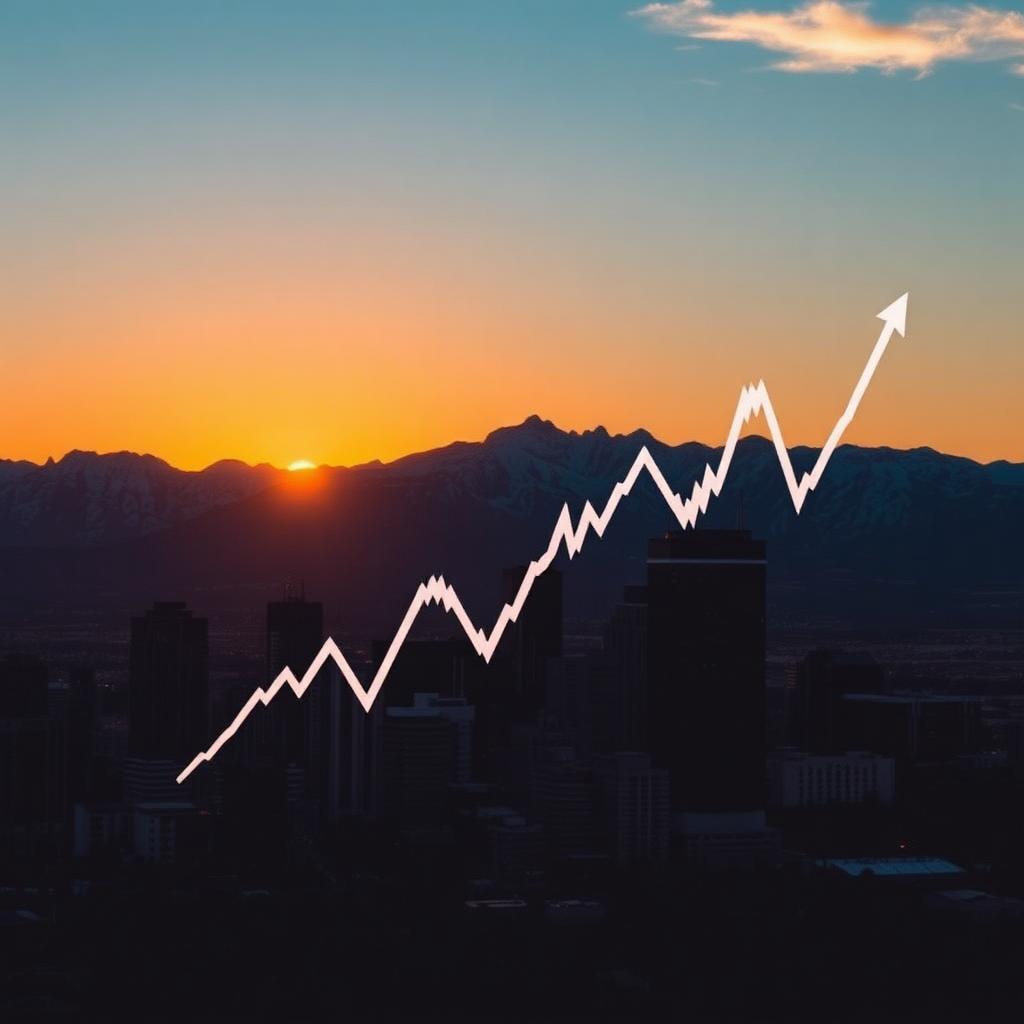 Skyline von Calgary mit den Rocky Mountains im Hintergrund bei Sonnenuntergang, dezent eingeblendete Aufwärtskurve am Himmel – Symbolbild für den prognostizierten Online-Glücksspielboom in Alberta