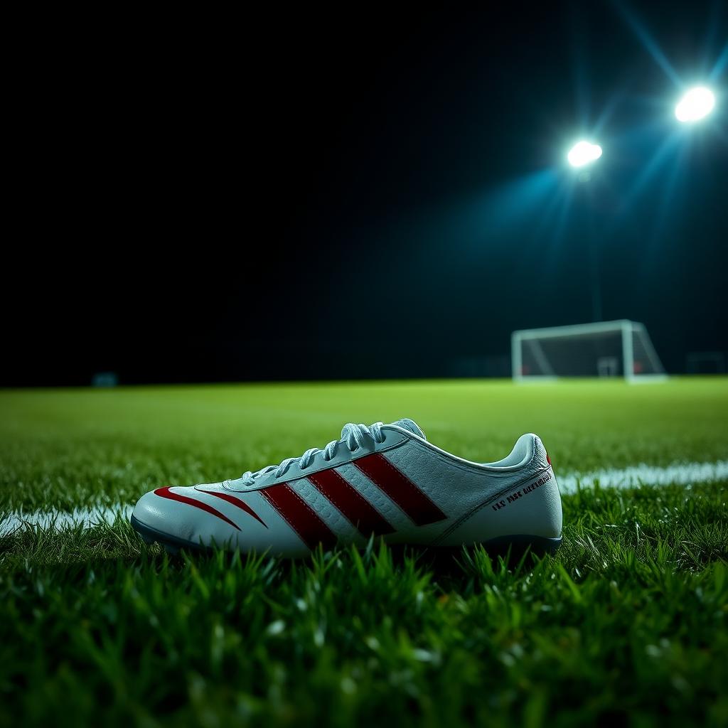 Einzelner Fußballschuh auf Rasen unter Flutlicht – Symbolbild zur Werbeaktion von Stake mit Sergio Agüero zur WM 2026 und Warnung vor illegaler Werbung in Deutschland