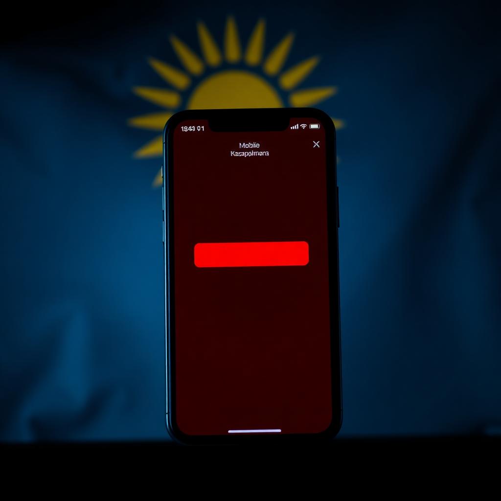 Smartphone mit rotem Sperr-Indikator vor angedeuteter kasachischer Flagge in dunkler Beleuchtung, Symbolbild zu Zahlungssperren gegen illegales Online-GlĂĽcksspiel