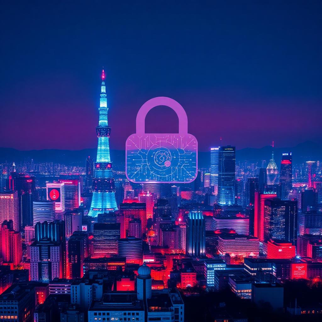 Nächtliche Skyline von Seoul mit digitalem Schloss-Symbol und subtiler Fussball-Ikone, Symbolbild zur Sperrung von 1280 illegalen Wettseiten vor der WM 2026