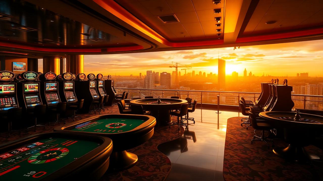 Ein goldener Geldregen fällt über eine stilvolle, aber leere Casino-Etage mit blitzenden Spielautomaten und Roulettetischen, während im Hintergrund die Skyline einer spanischen Stadt bei Sonnenuntergang zu sehen ist.